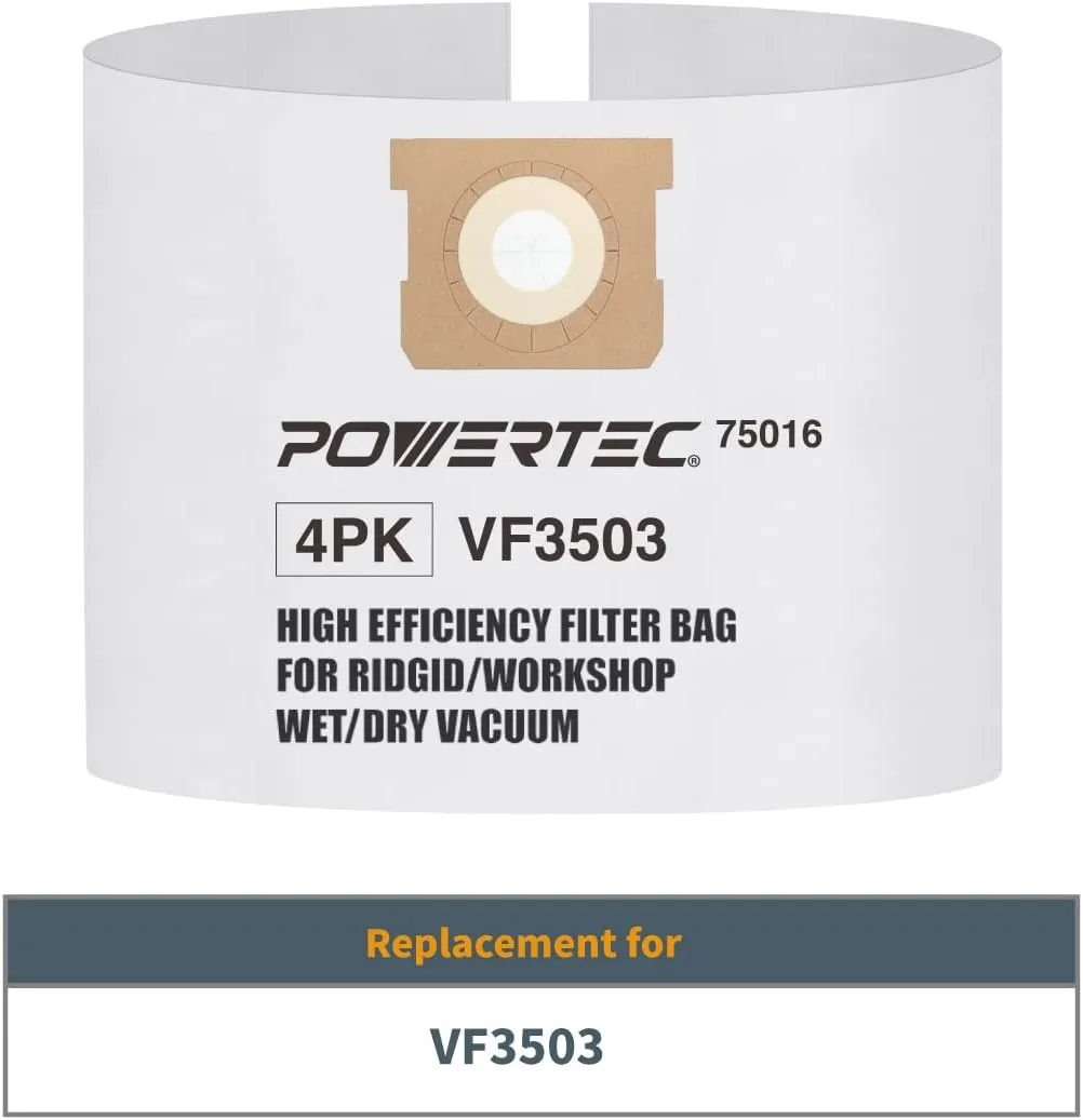 POWERTEC VF3503 Size B Shop Vac Bags for Ridgid 4 Pack, 6-9 Gal. 40153 Vacuum Bags for Ridgid HD9000 & Workshop WS32090F2 Wet Dry Vac (75016-P2)