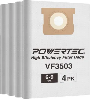 POWERTEC VF3503 Size B Shop Vac Bags for Ridgid 4 Pack, 6-9 Gal. 40153 Vacuum Bags for Ridgid HD9000 & Workshop WS32090F2 Wet Dry Vac (75016-P2)