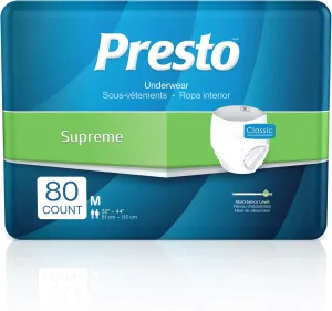 Presto Supreme Breathable Incontinence Underwear for Women and Men - Disposable, Odor Eliminator, Medium - 80 ct (4 Bags of 20)