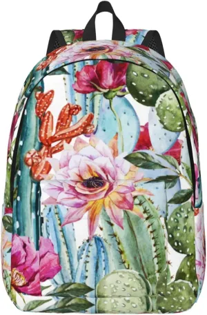 Pretty Watercolor Cactus Floral Backpack for Girls Boys Women Lightweight Canvas Bookbag Casual Daypack for Travel Outdoor Camping, 17 Inch