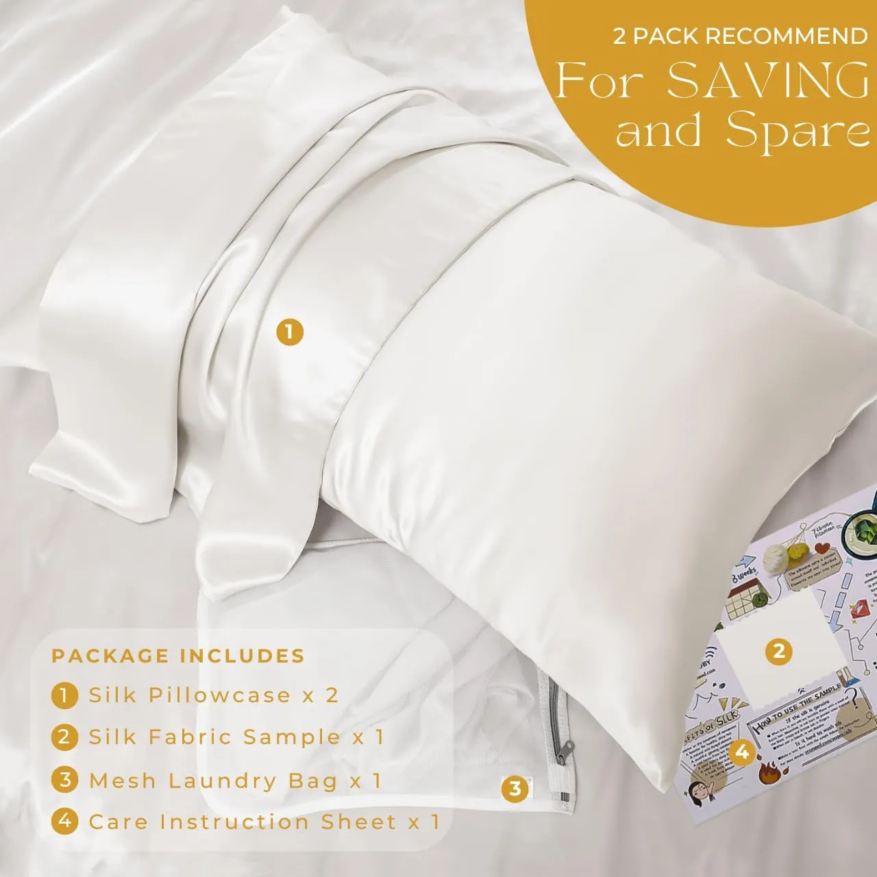PROMEED White Silk Pillowcase 2 Pack for Hair and Skin, 100% 23 Momme Mulberry Silk Pillow Case Set of 2 with Hidden Zipper, Natural and Acne-Fighting (Queen 20"x30", White)