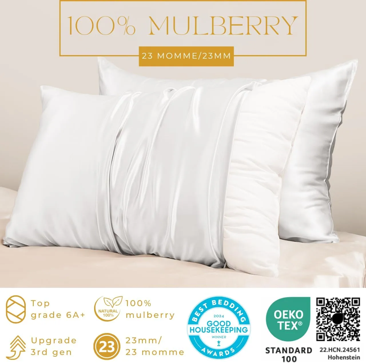 PROMEED White Silk Pillowcase 2 Pack for Hair and Skin, 100% 23 Momme Mulberry Silk Pillow Case Set of 2 with Hidden Zipper, Natural and Acne-Fighting (Queen 20"x30", White)