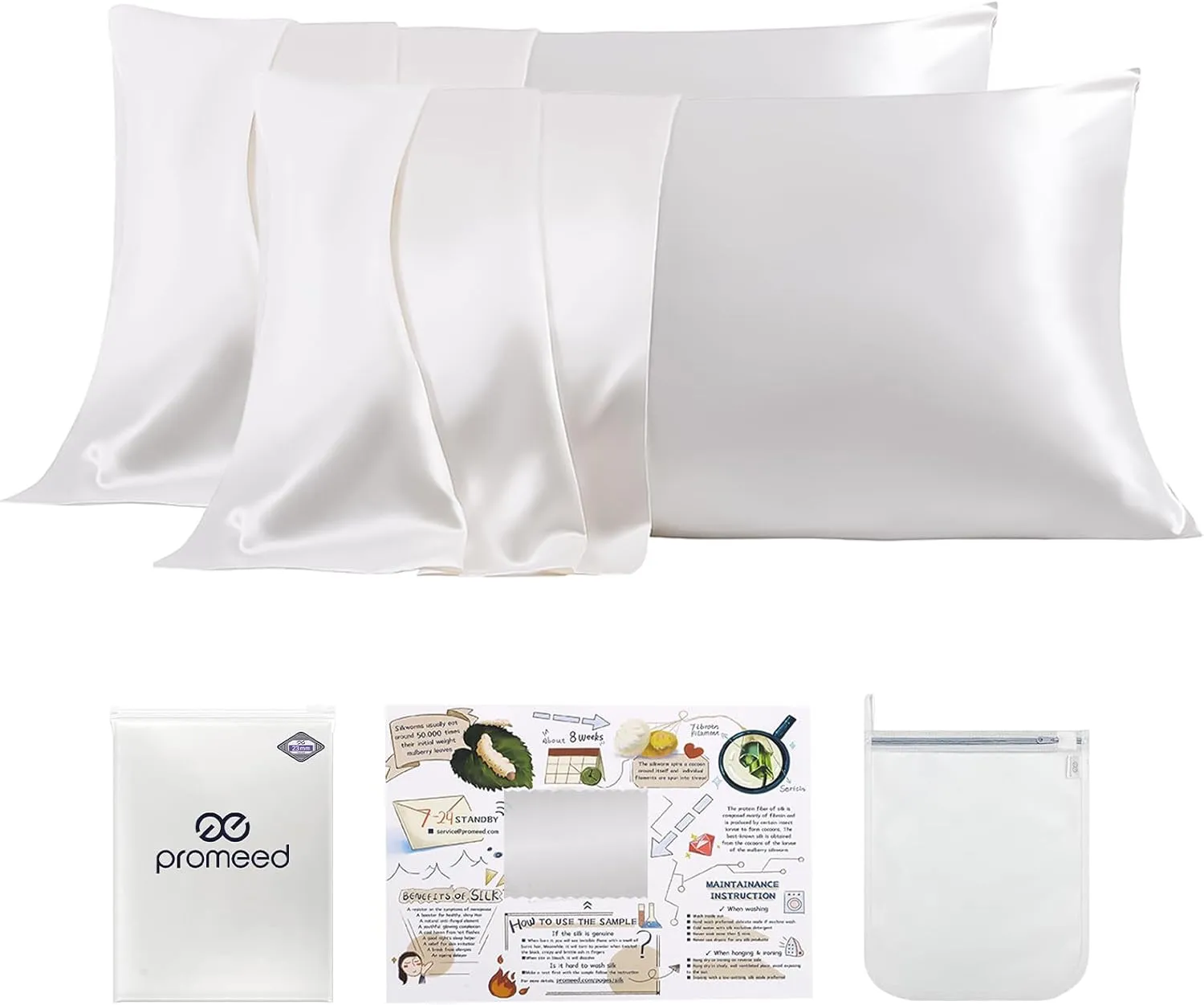 PROMEED White Silk Pillowcase 2 Pack for Hair and Skin, 100% 23 Momme Mulberry Silk Pillow Case Set of 2 with Hidden Zipper, Natural and Acne-Fighting (Queen 20"x30", White)