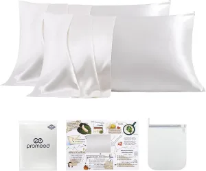 PROMEED White Silk Pillowcase 2 Pack for Hair and Skin, 100% 23 Momme Mulberry Silk Pillow Case Set of 2 with Hidden Zipper, Natural and Acne-Fighting (Queen 20"x30", White)