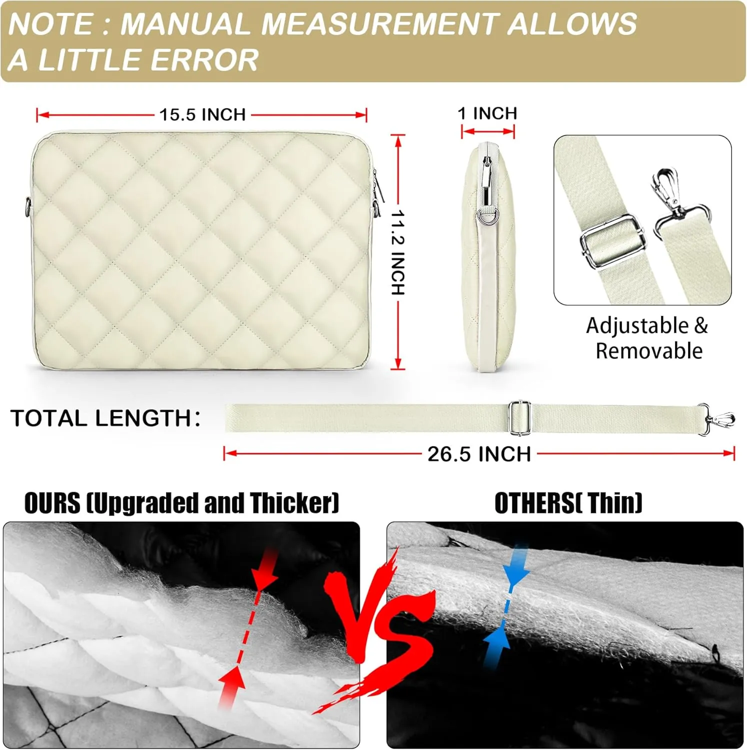 Puffy Quilted Laptop Sleeve with a Removable Shoulder Strap Compatible with MacBook Air 15 inch M2 A2941 2023/Pro 15 A1990 A1707, 15 Surface Laptop 5/4/3,Dell XPS 15,HP Stream 14 inch