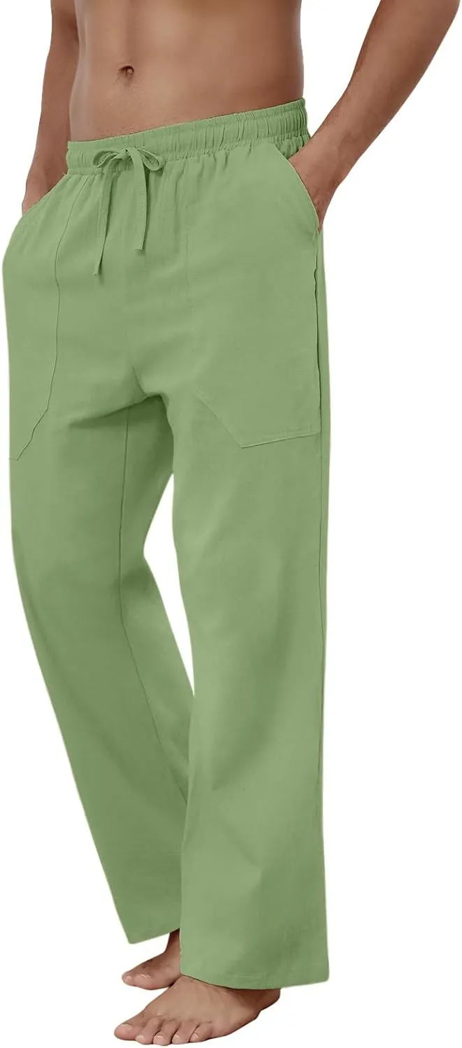 Puimentiua Cotton Linen Pants Men Casual Loose Fit Elastic Drawstring Waist Summer Beach Pants