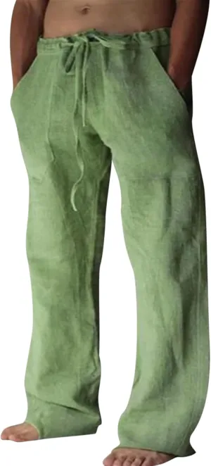Puimentiua Cotton Linen Pants Men Casual Loose Fit Elastic Drawstring Waist Summer Beach Pants