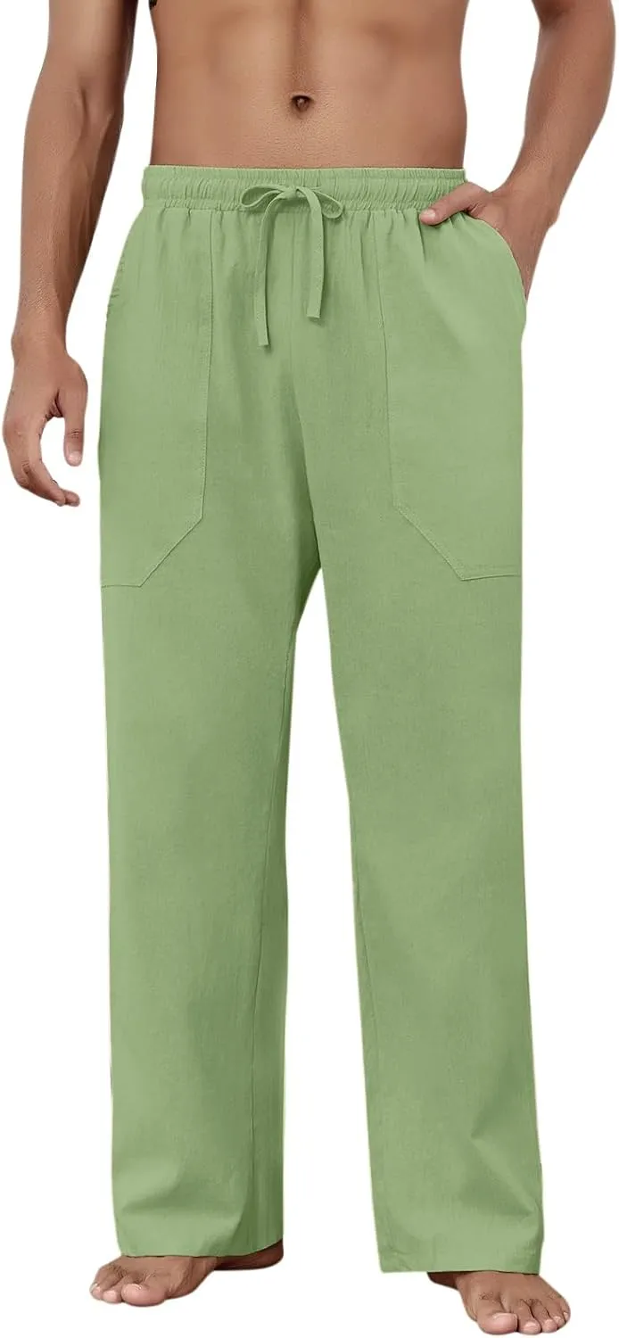 Puimentiua Cotton Linen Pants Men Casual Loose Fit Elastic Drawstring Waist Summer Beach Pants