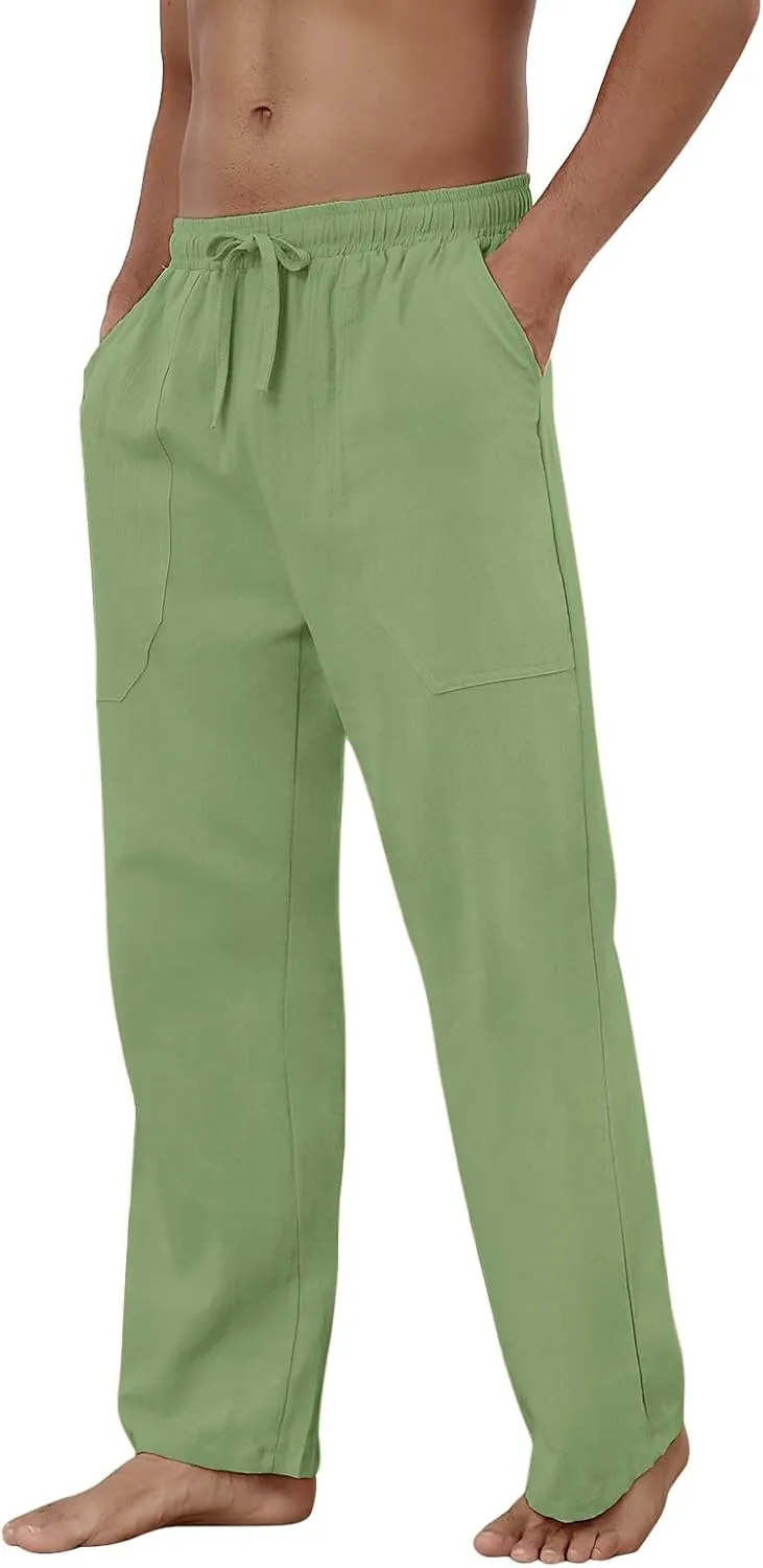 Puimentiua Cotton Linen Pants Men Casual Loose Fit Elastic Drawstring Waist Summer Beach Pants