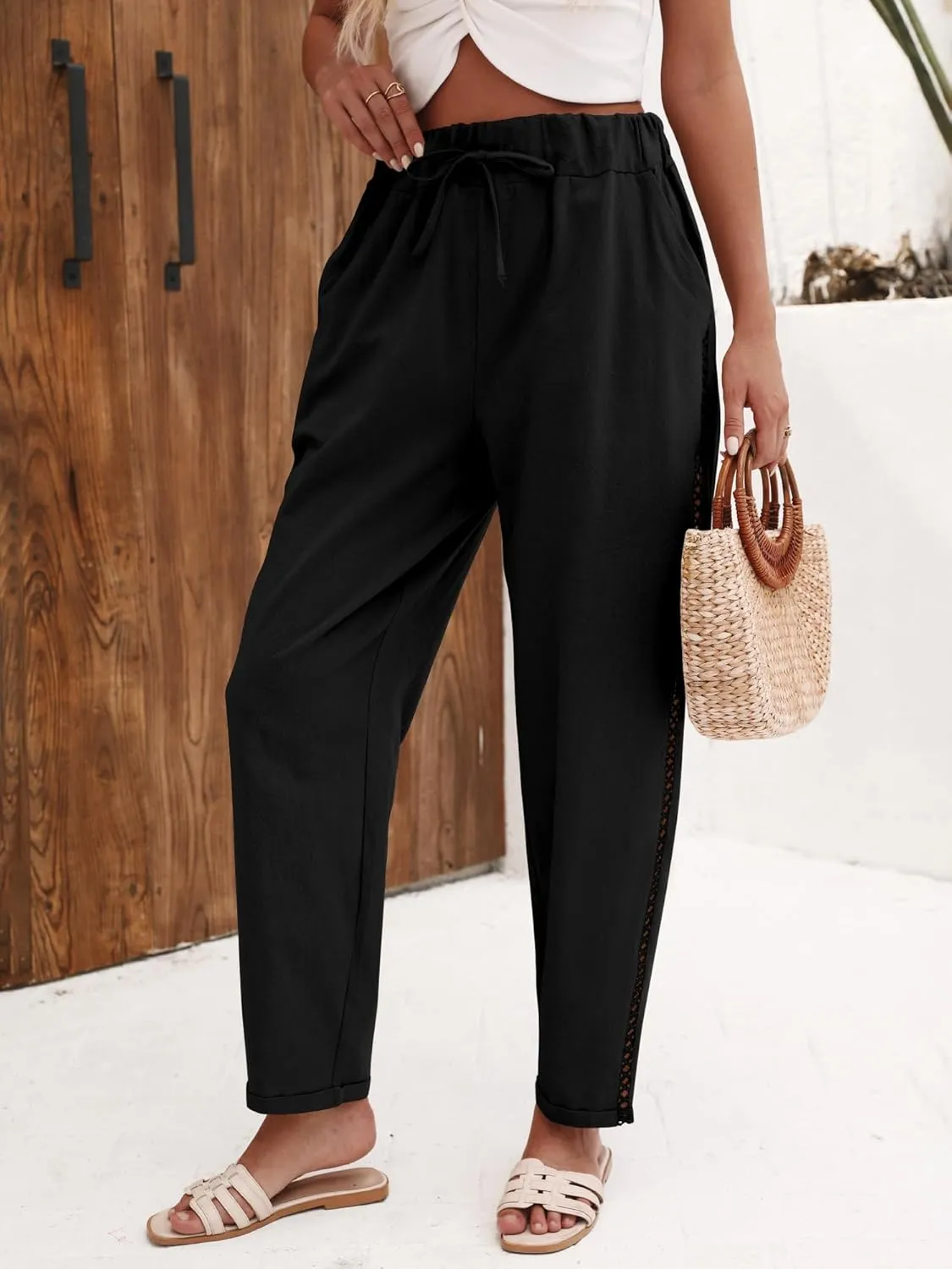 Puimentiua Women's Linen Capri Pants with Drawstring Petite Summer Beachwear Lightweight Elastic Waist Pants