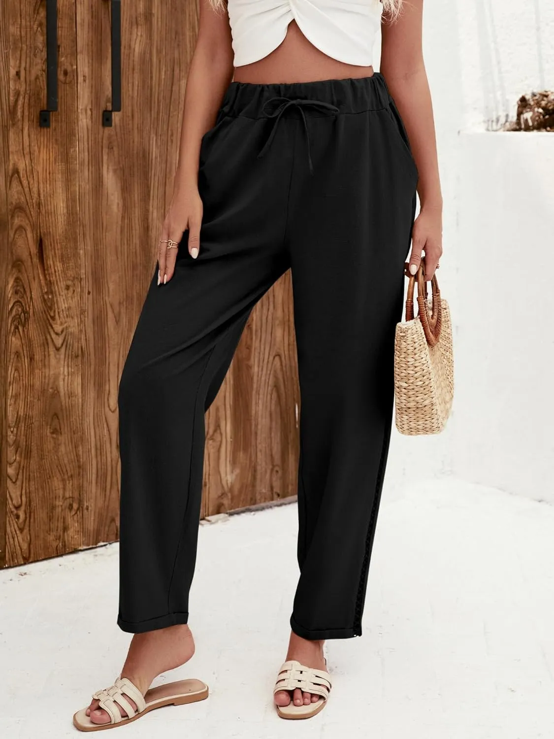 Puimentiua Women's Linen Capri Pants with Drawstring Petite Summer Beachwear Lightweight Elastic Waist Pants