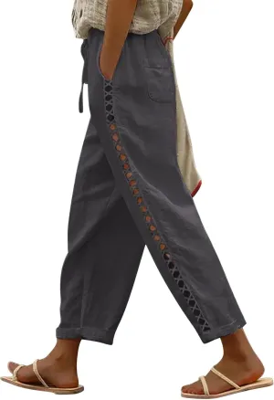Puimentiua Women's Linen Capri Pants with Drawstring Petite Summer Beachwear Lightweight Elastic Waist Pants