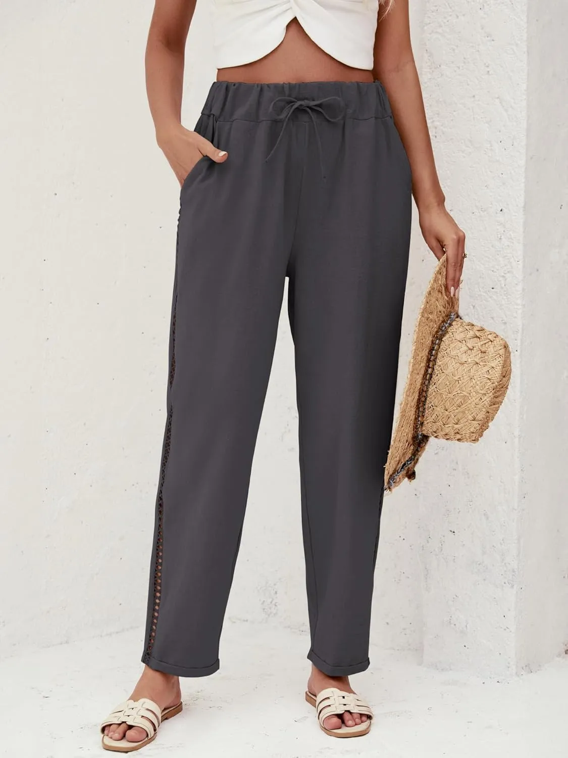 Puimentiua Women's Linen Capri Pants with Drawstring Petite Summer Beachwear Lightweight Elastic Waist Pants