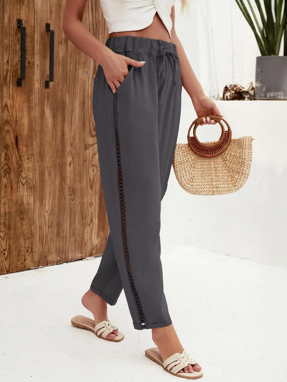 Puimentiua Women's Linen Capri Pants with Drawstring Petite Summer Beachwear Lightweight Elastic Waist Pants