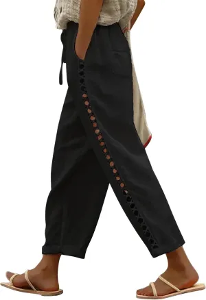 Puimentiua Women's Linen Capri Pants with Drawstring Petite Summer Beachwear Lightweight Elastic Waist Pants