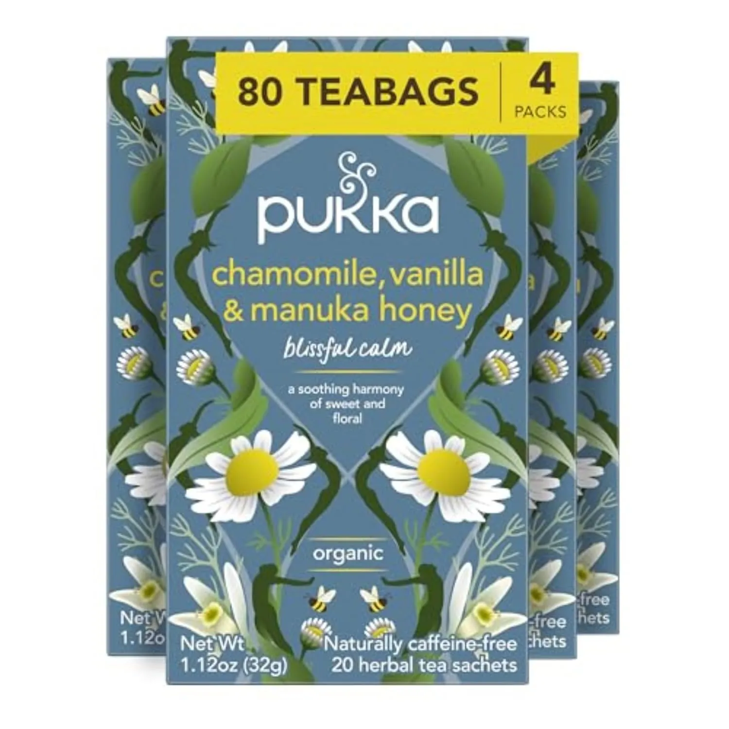 Pukka Calming Chamomile, Vanilla & Manuka Honey Organic Herbal Tea, Soothing Organic Tea Infusion Selection, Honey & Fennel Blend, Caffeine Free, 80 Total Bags (20ct - Pack of 4)