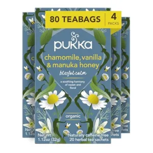 Pukka Calming Chamomile, Vanilla & Manuka Honey Organic Herbal Tea, Soothing Organic Tea Infusion Selection, Honey & Fennel Blend, Caffeine Free, 80 Total Bags (20ct - Pack of 4)