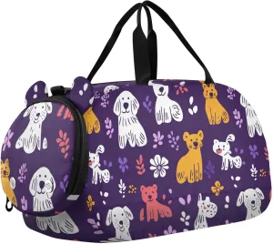 Purple Cute Cartoon Colorful Dogs Small Gym Bag with Shoes Compartment Large Capacity Personal Item Travel Bag for Travel, Sports, Fitness & Workout