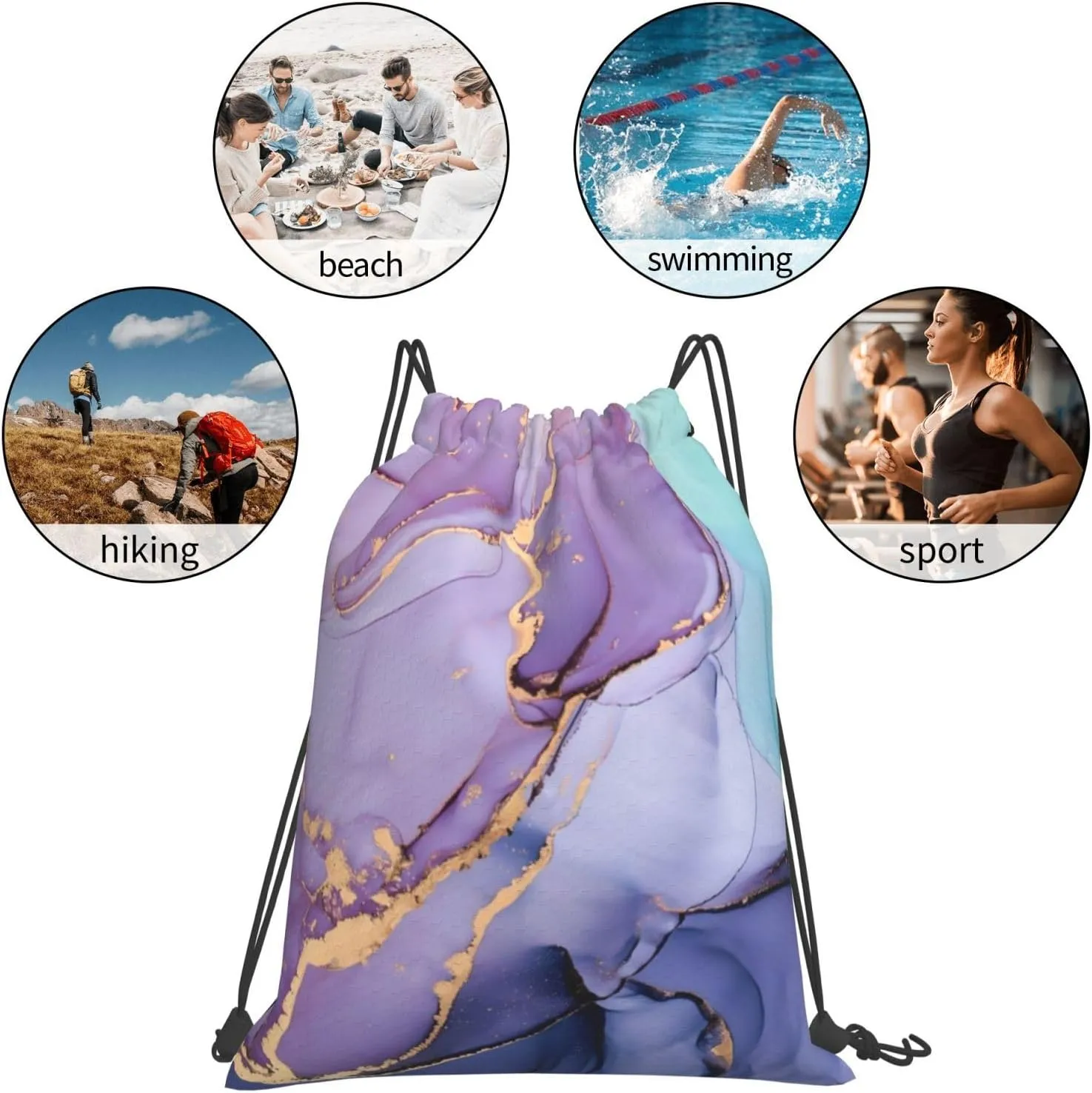 Purple marbling Drawstring Backpack Waterproof Sports String Bag Adjustable Lightweight Gym Dance Sackpack for Women Men Boys Girls