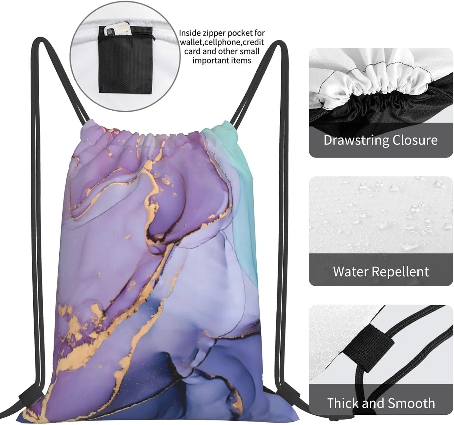 Purple marbling Drawstring Backpack Waterproof Sports String Bag Adjustable Lightweight Gym Dance Sackpack for Women Men Boys Girls