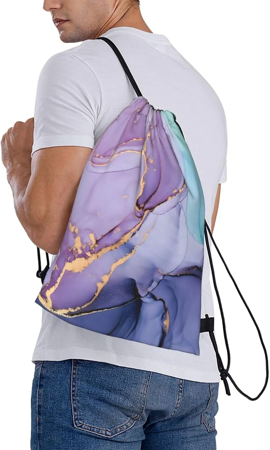 Purple marbling Drawstring Backpack Waterproof Sports String Bag Adjustable Lightweight Gym Dance Sackpack for Women Men Boys Girls