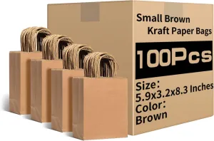 RACETOP Small Brown Kraft Paper Bags with Handles Bulk, 5.9"x3.2"x8.3" 100Pcs Small Brown Gift Bags, Mini Paper Bags, Gift Bags Bulk, Goodie Bag, Retail Bags, Gift Wrap Bags, Shopping Bags