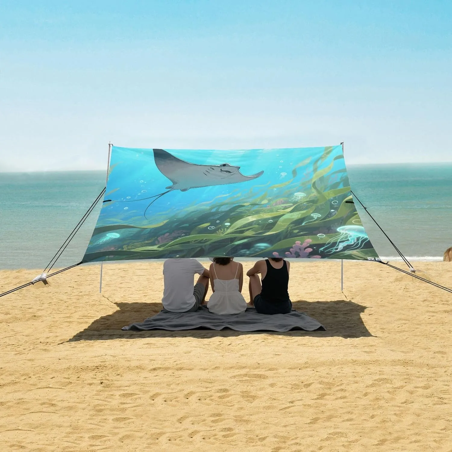Ray with Water Plants Beach Canopy Tent Anti-UV & Wind Resistant, Camping Sun Shelter Easy Setup Portable,Outdoor Shade Tents with Sandbags,Sand Shovels,Ground Pegs & Stability Poles
