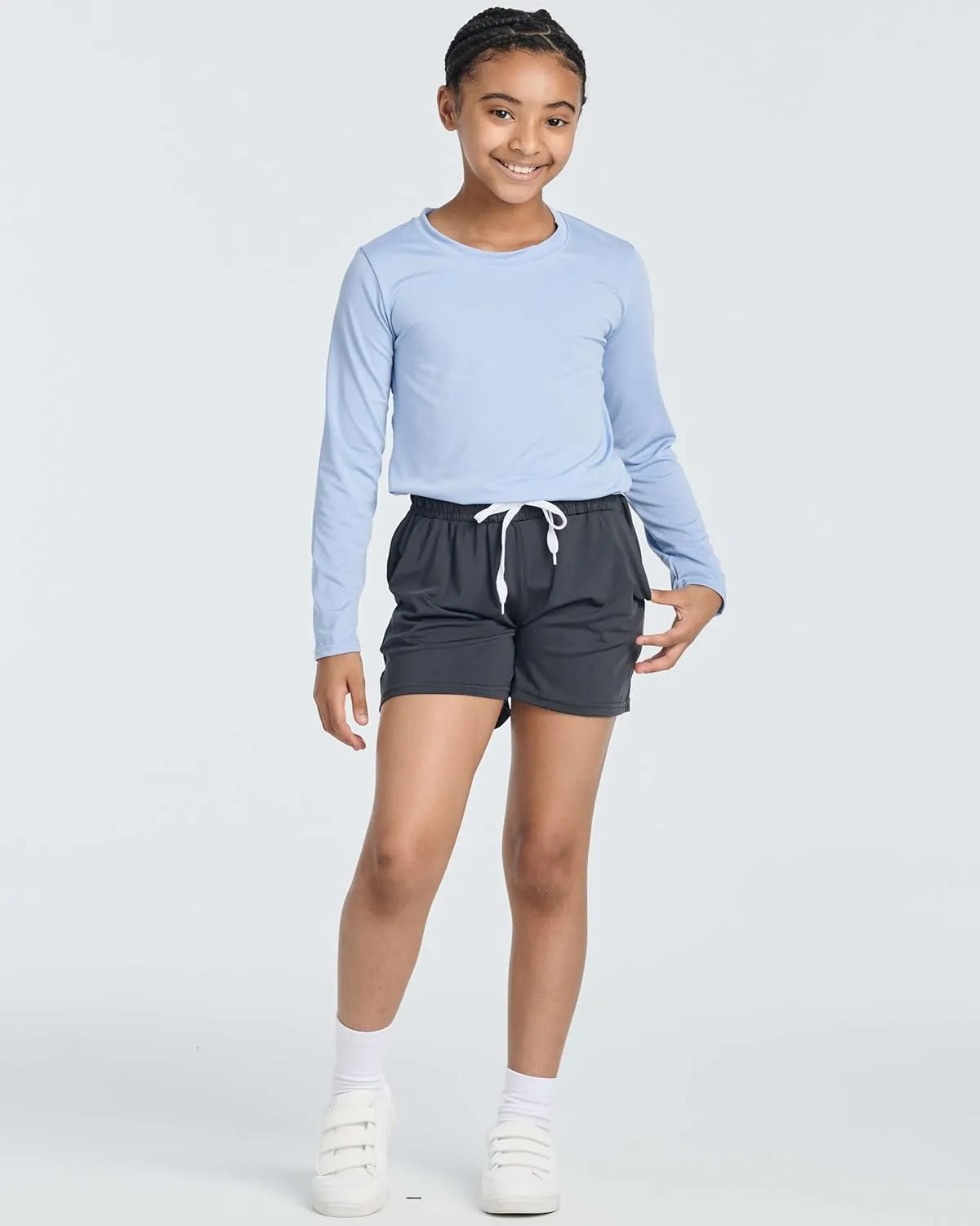 Real Essentials 4 Pack: Girls Athletic Performance Dry-Fit Running Shorts with Drawstring & Pockets