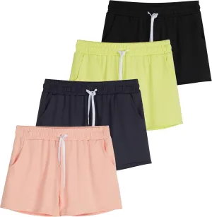 Real Essentials 4 Pack: Girls Athletic Performance Dry-Fit Running Shorts with Drawstring & Pockets