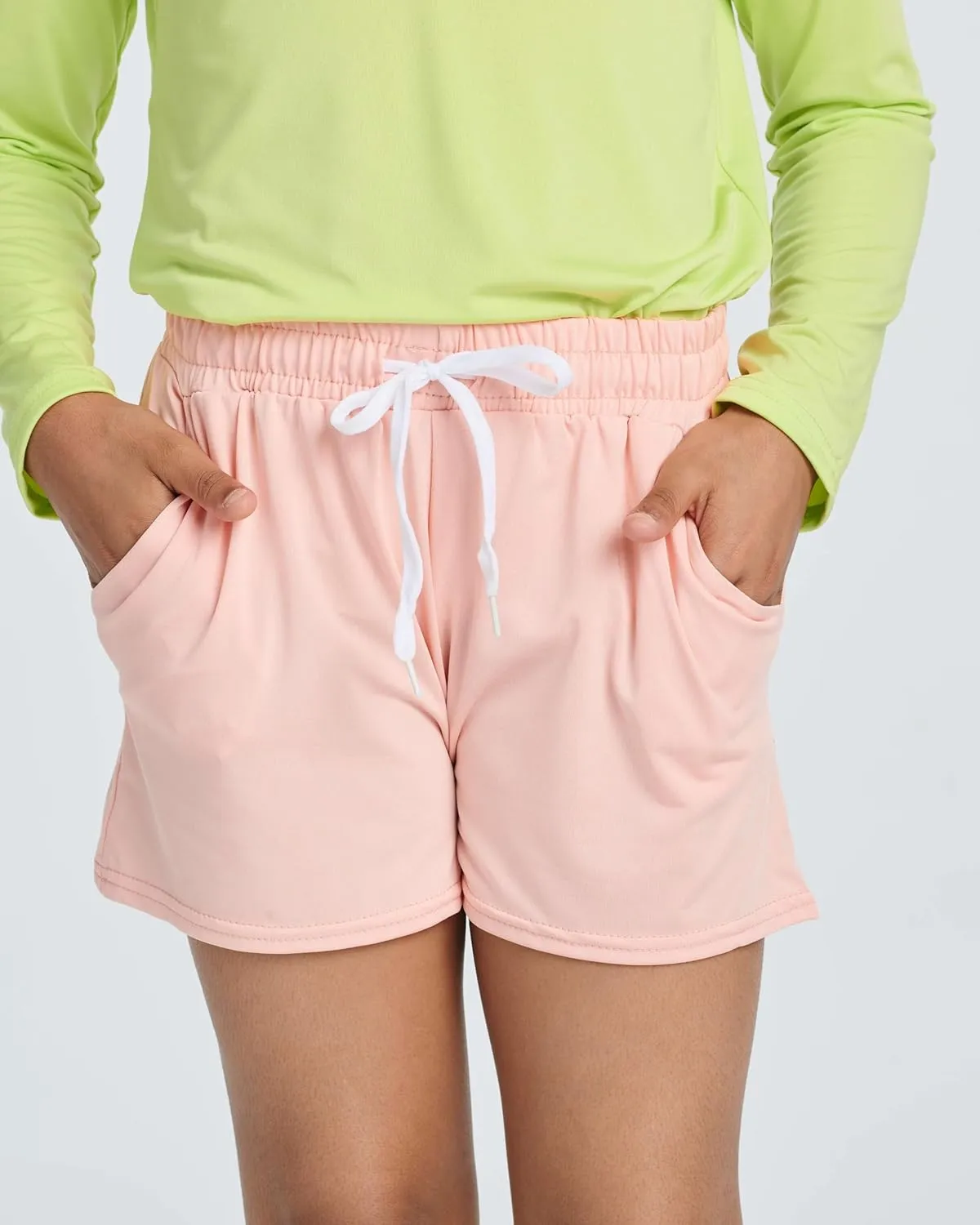 Real Essentials 4 Pack: Girls Athletic Performance Dry-Fit Running Shorts with Drawstring & Pockets
