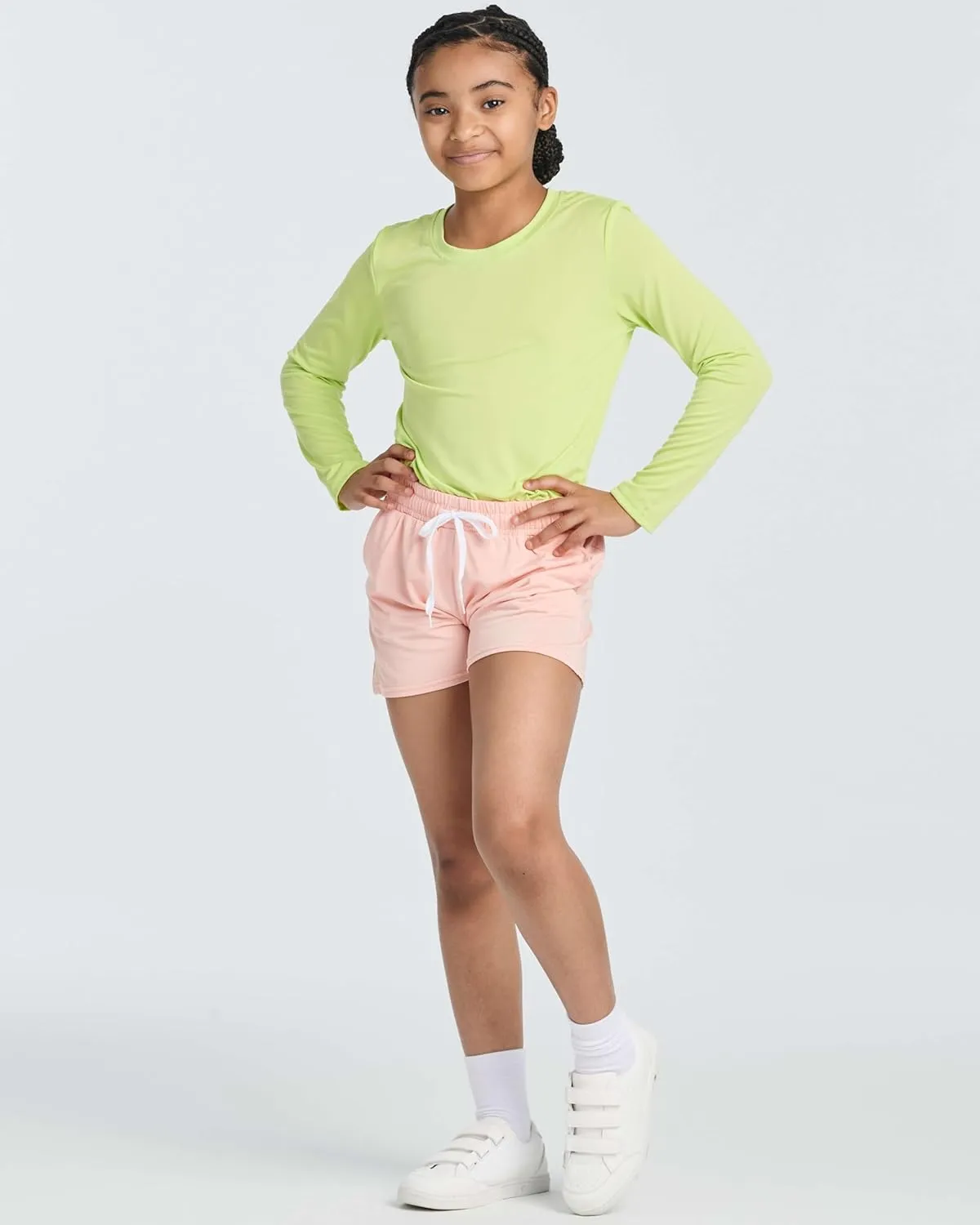 Real Essentials 4 Pack: Girls Athletic Performance Dry-Fit Running Shorts with Drawstring & Pockets