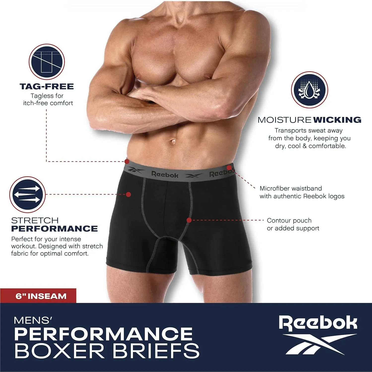 Rebook Mens Boxer Briefs - 3 Pack Moisture Wicking Stretch Performance Mens Underwear Boxers with Contour Pouch (Sizes: S-XL)