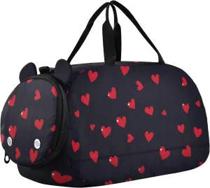 Red and Black Love Heart Duffel Bag with Shoes Compartment Multifunctional Weekend Overnight Carry on Bag for Beach Swim Bags Pool Sports