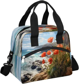 Red Flowers Lunch Bag Reusable Lunch Tote Bag Atlantic Coast Insulated Thermal Cooler Lunch Box Leakproof Meal Prep Lunch Bags for Women Men Work Beach Travel Outdoor Picnic