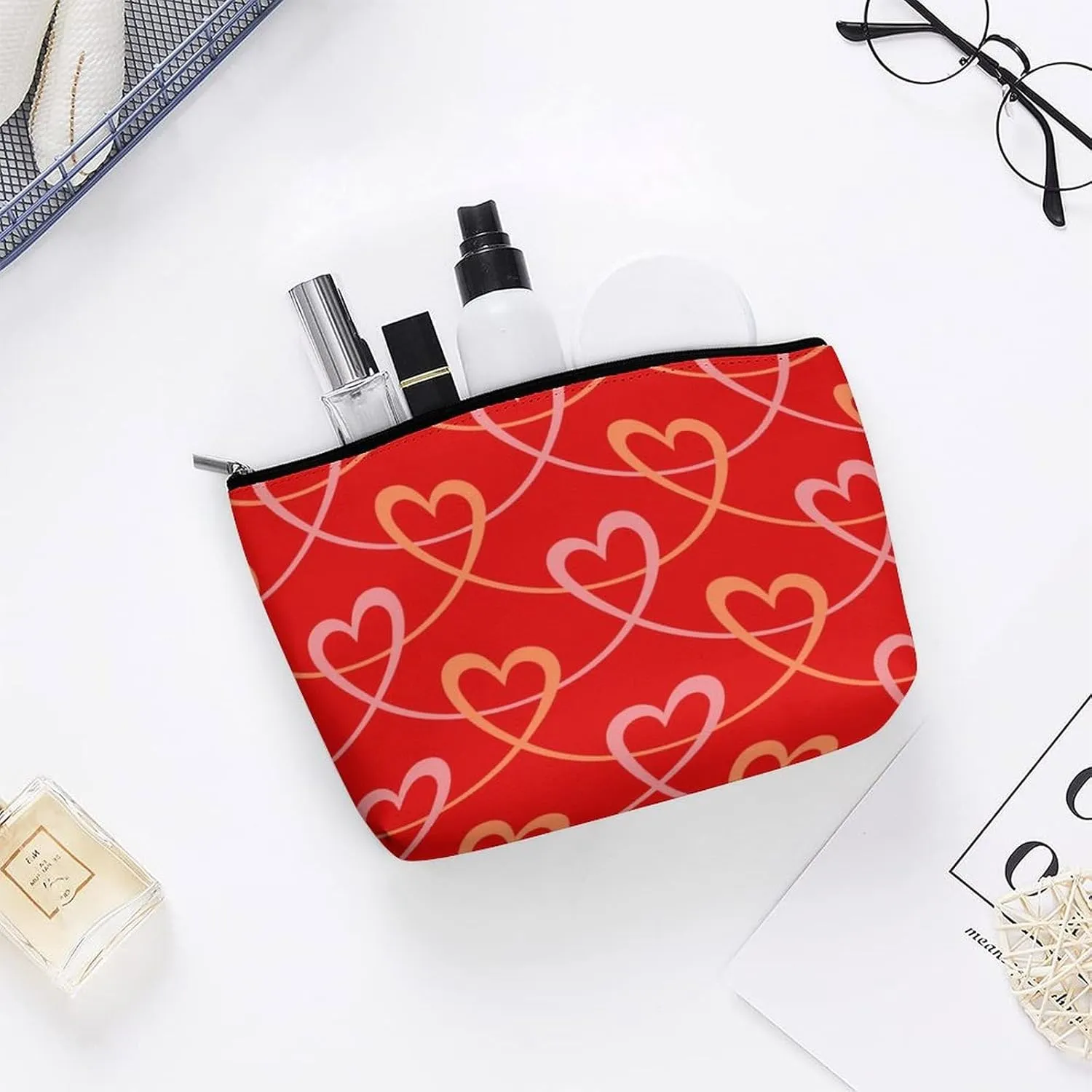 Red Makeup Bag For Women-Cosmetic Bags Aesthetic Design Ladies Abstract Love Pattern Tote Bag for Women,Travel Toiletry Bag with Zipper