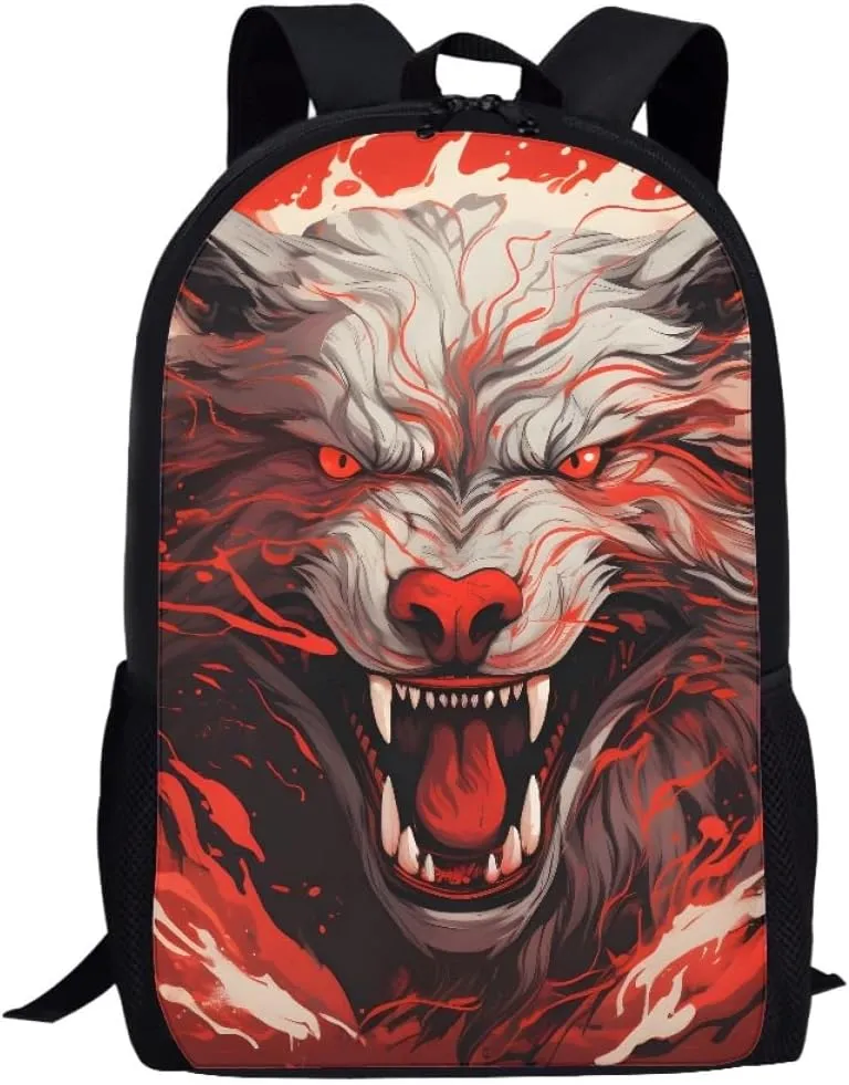 Red Wolf Head Cool School Bags Kids Boys Mens Backpack Bookbags Rucksack Daypack for Student Birthday Gift,Anger Wolf