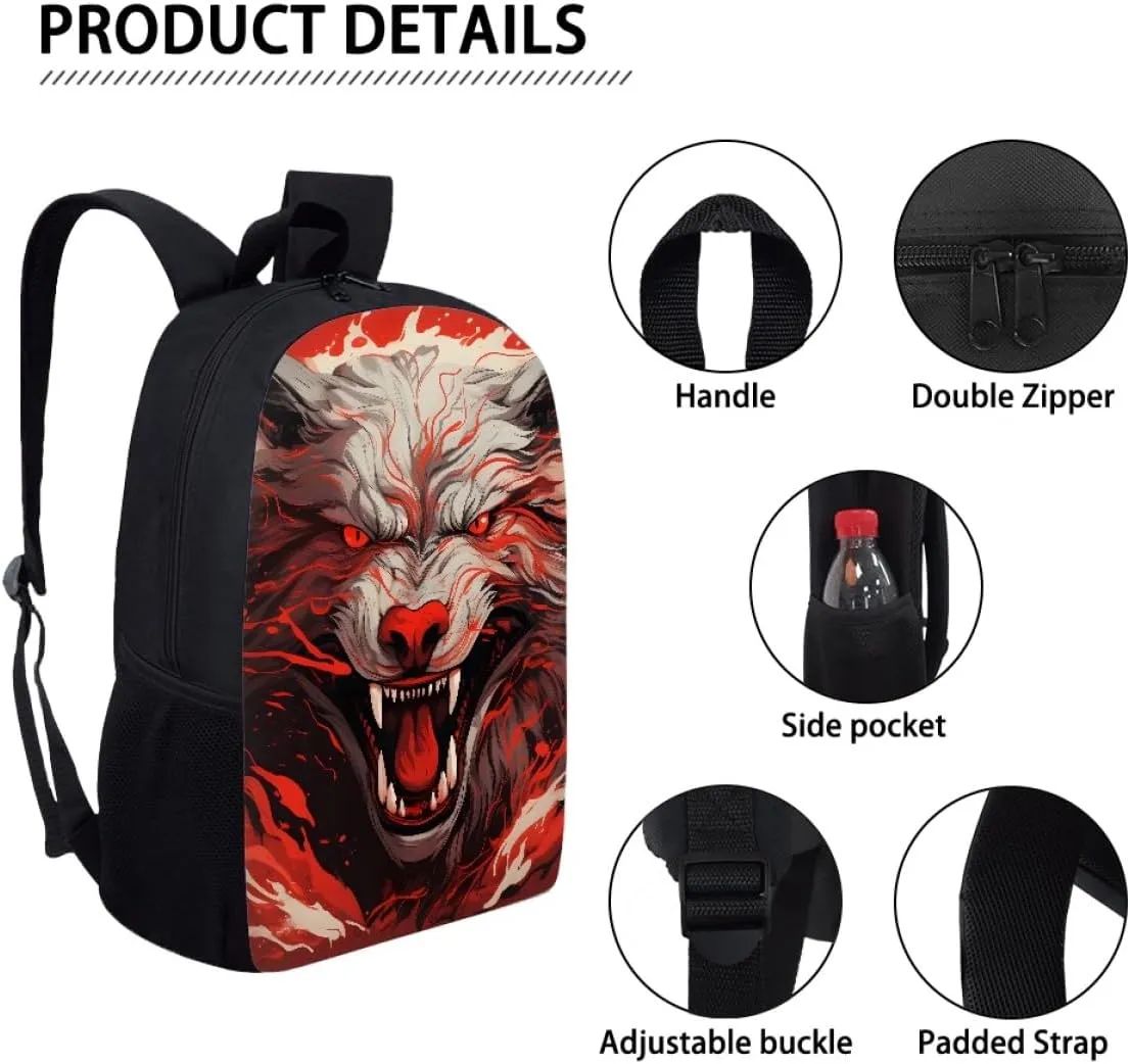 Red Wolf Head Cool School Bags Kids Boys Mens Backpack Bookbags Rucksack Daypack for Student Birthday Gift,Anger Wolf