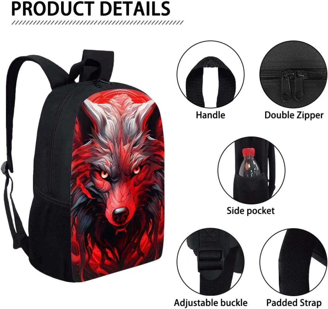 Red Wolf Head Cool School Bags Kids Boys Mens Backpack Bookbags Rucksack Daypack for Student Birthday Gift,Red Wolf Head