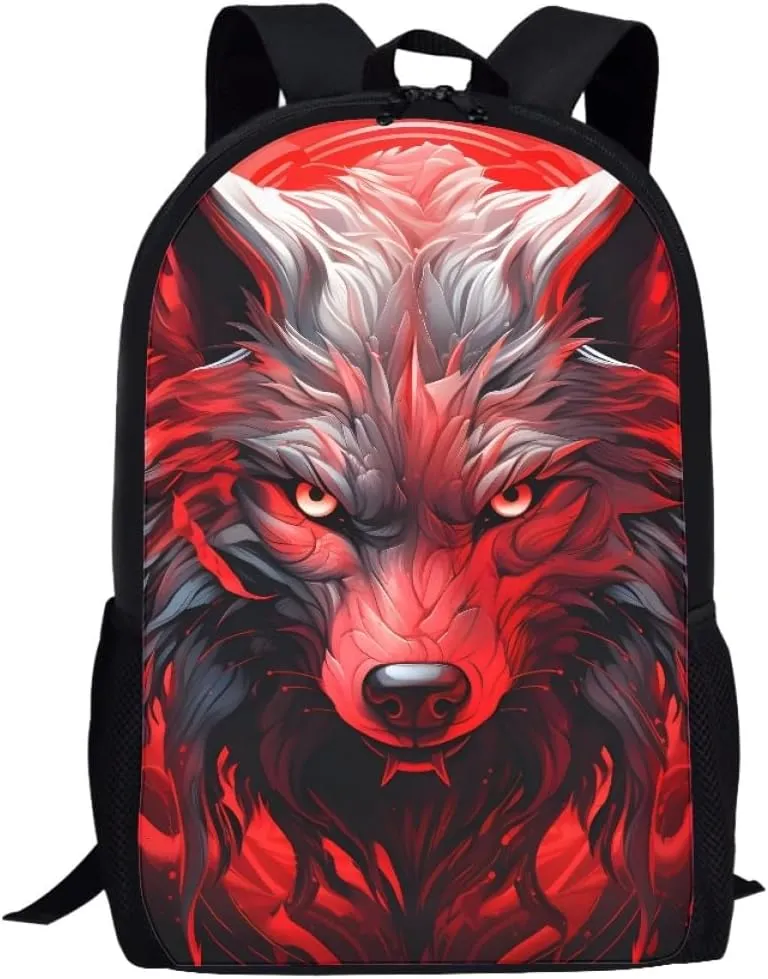 Red Wolf Head Cool School Bags Kids Boys Mens Backpack Bookbags Rucksack Daypack for Student Birthday Gift,Red Wolf Head
