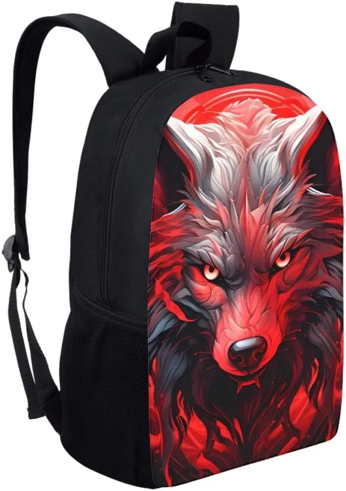 Red Wolf Head Cool School Bags Kids Boys Mens Backpack Bookbags Rucksack Daypack for Student Birthday Gift,Red Wolf Head