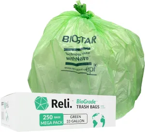 Reli. Biodegradable 33 Gallon Trash Bags | 250 Count Bulk | ASTM D6954 | Green | Eco-Friendly | Oxobiodegradable Under Certain Conditions (See Product Description)