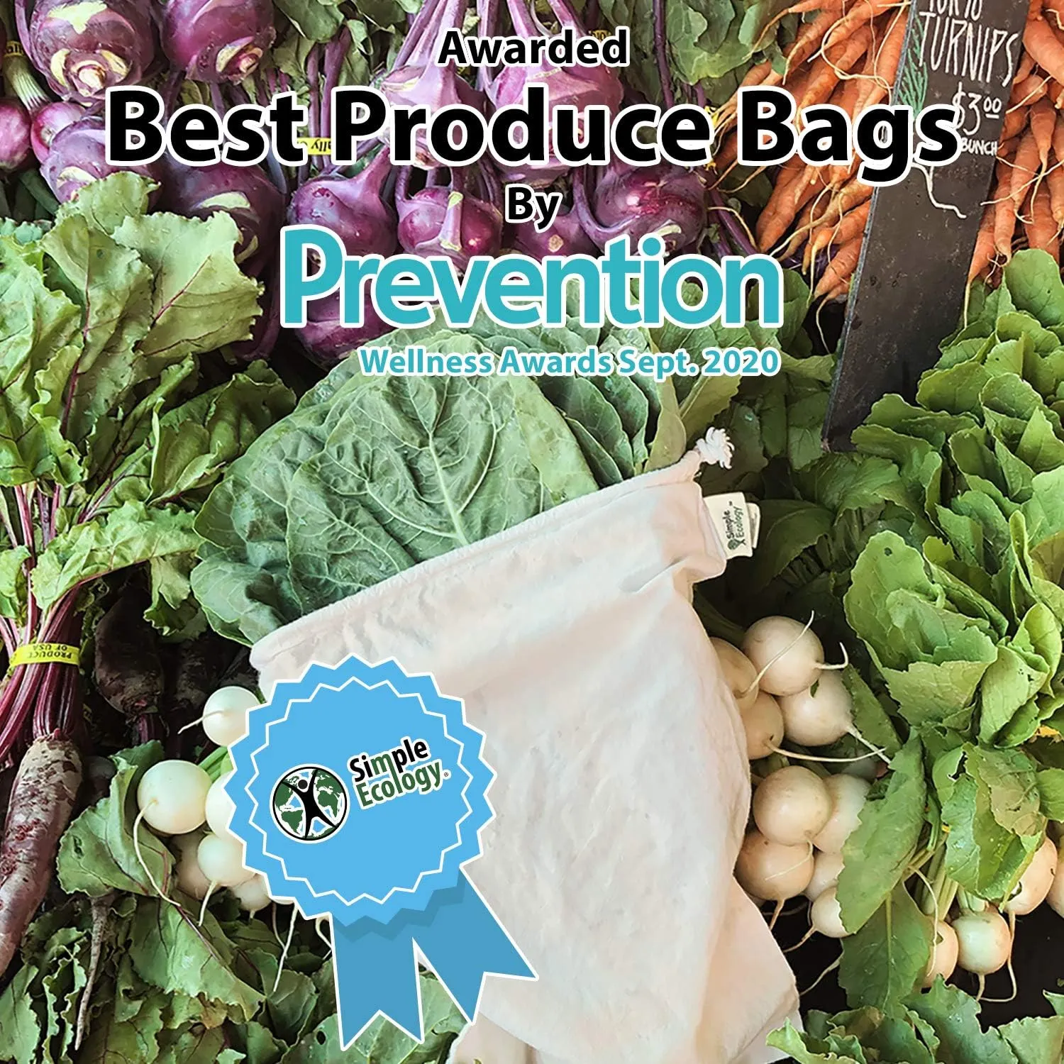 Reusable Grocery Produce Shopping and Storage Bags, Organic Cotton Muslin, Set of 6 (2 ea. of L, M, S)