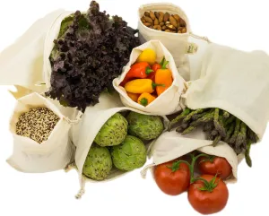 Reusable Grocery Produce Shopping and Storage Bags, Organic Cotton Muslin, Set of 6 (2 ea. of L, M, S)