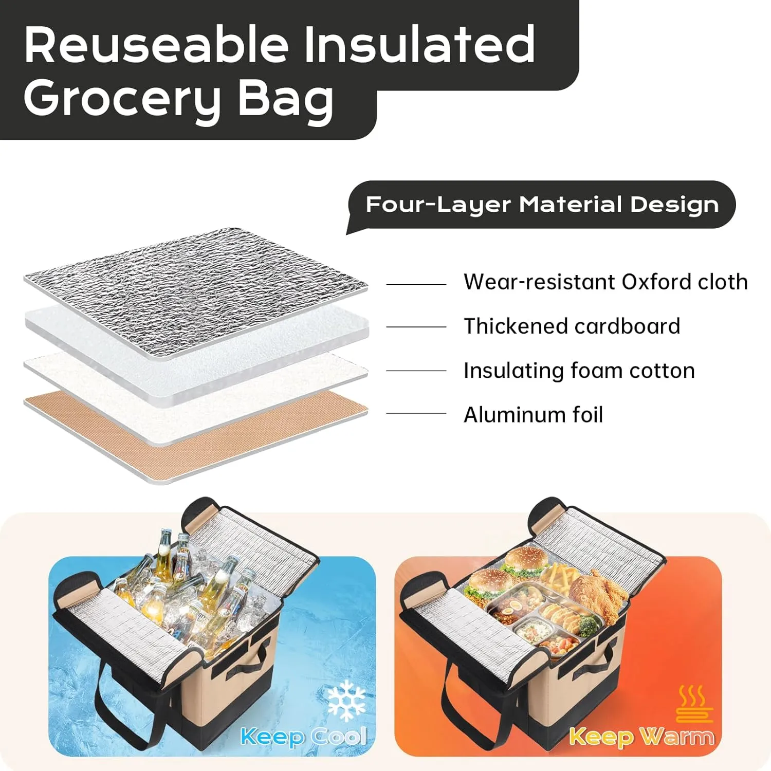 Reusable Insulated Grocery Bags Collapsible Grocery Tote Bags for Shopping Wear Resistant Heavy Duty Foldable Cooler Grocery Bags for Frozen and Hot Food Camping Bags
