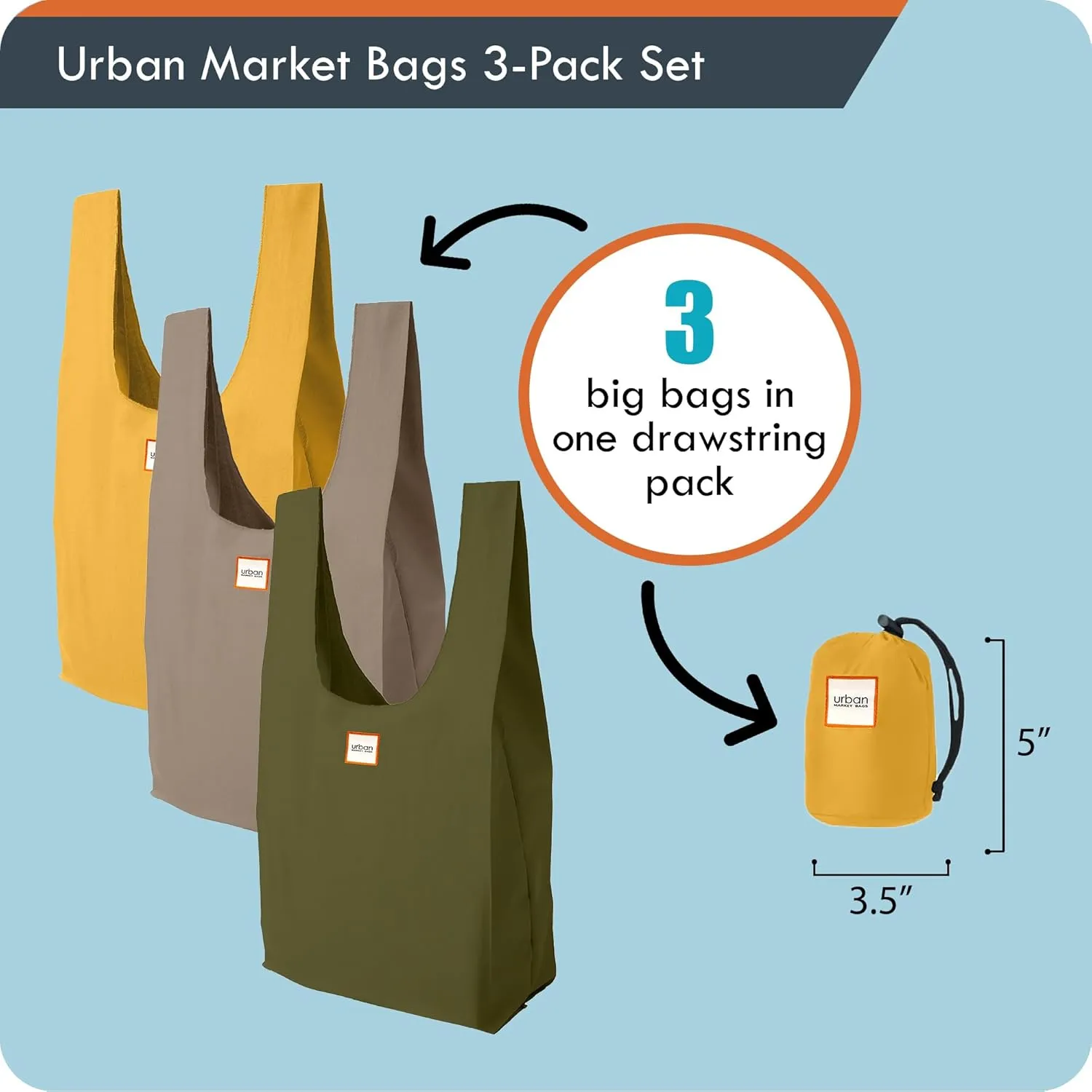 Reusable Shopping Bags for Groceries, Versatile Totes W/Drawstring Pack, 26" x 12.5", Set of 3, Meadow