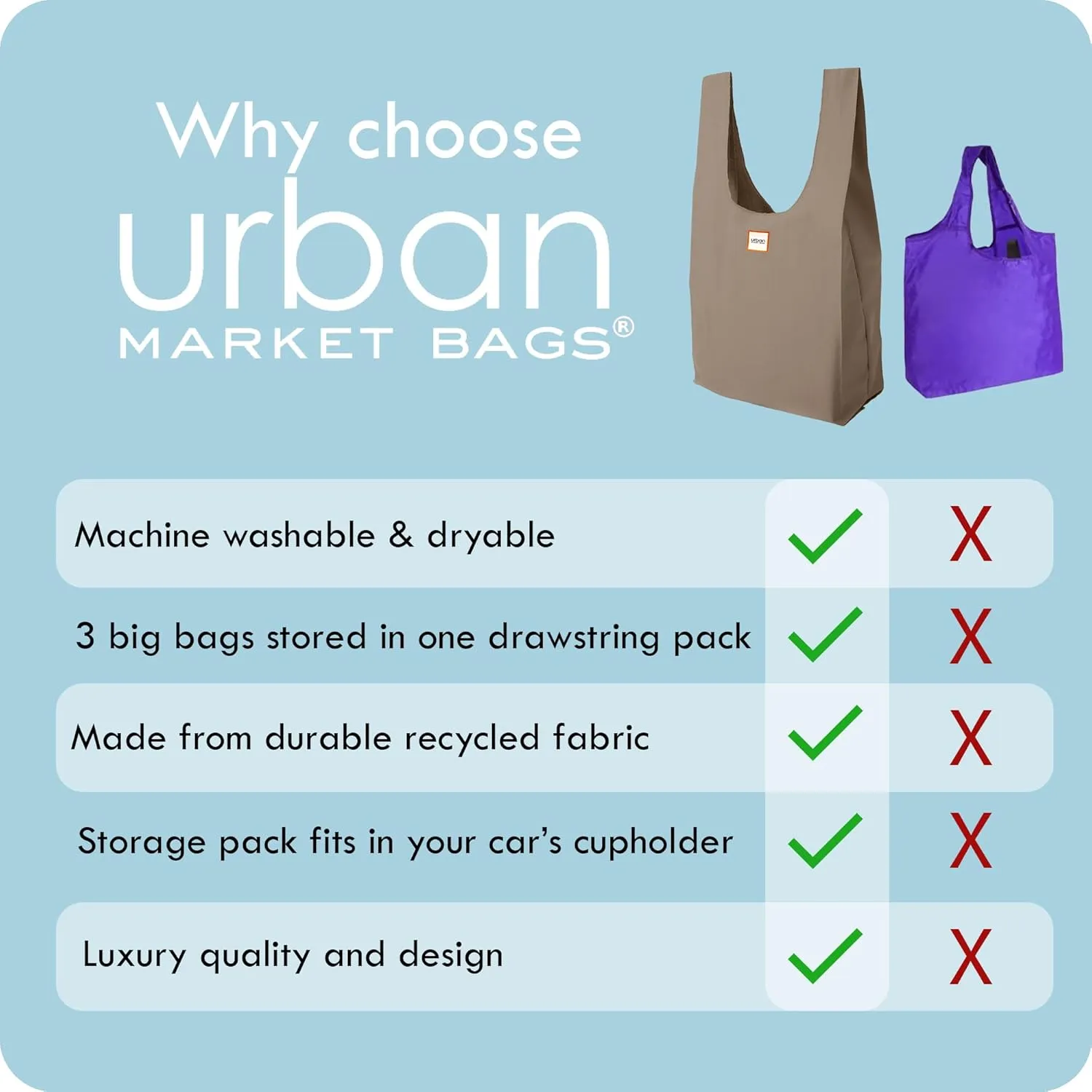 Reusable Shopping Bags for Groceries, Versatile Totes W/Drawstring Pack, 26" x 12.5", Set of 3, Meadow