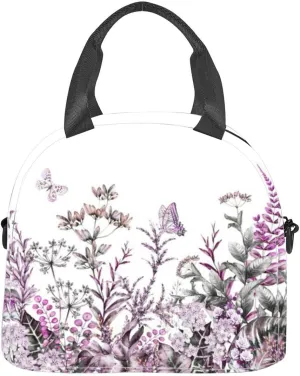 rim Border Herbs and wild flowers leaves Botanical Colorful white Insulated Adult Lunch Bag with Shoulder Strap for Women Lightweight Reusable Portable Freezable Lunch Tote Bag for Work Picnic