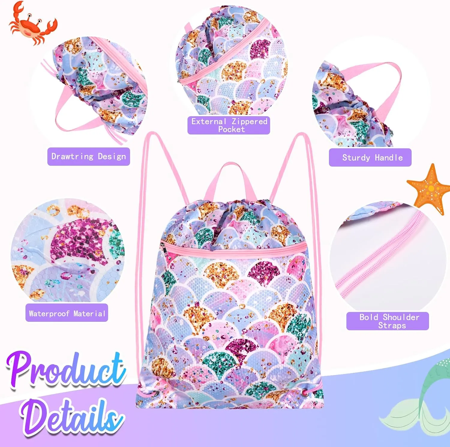 RLGPBON Drawstring Backpack for Kids, Girls & Boys - Swimming, Gym & Dance Bag, Waterproof Sports Sackpack