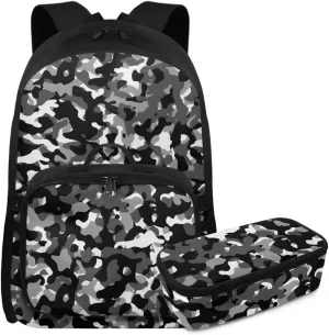 Rnyleeg Black Camo Backpack for Boys Lightweight Boys Backpack 10-12 Years Old 17 inch Elementary School Bag Set 3 Pcs Back to School Supplies Set Hiking Rucksack