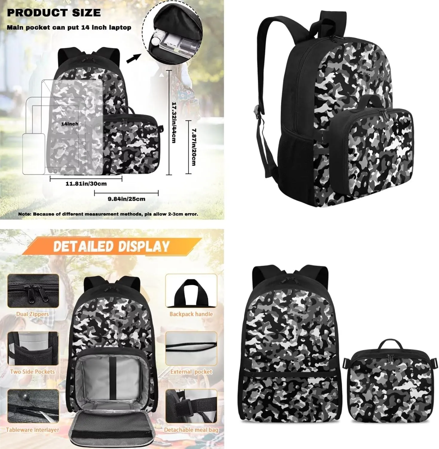Rnyleeg Black Camo Backpack for Boys Lightweight Boys Backpack 10-12 Years Old 17 inch Elementary School Bag Set 3 Pcs Back to School Supplies Set Hiking Rucksack